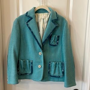 Vintage Banana Republic Turquoise Wool Blazer Corduroy Sleeve PatchVelvet Trim
